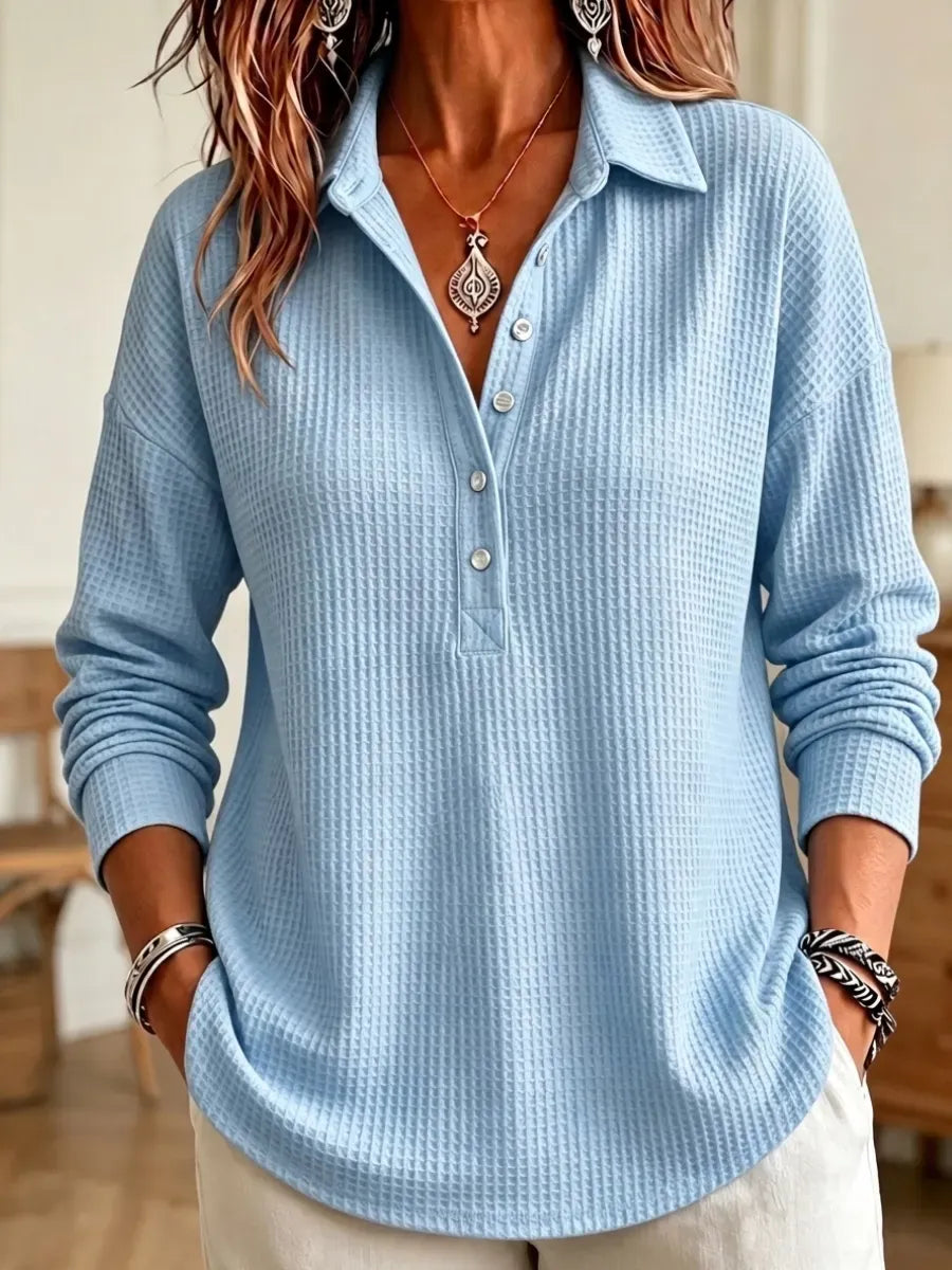 🔥 Women's Casual Waffle Knit Collared Henley Long Sleeve Shirt