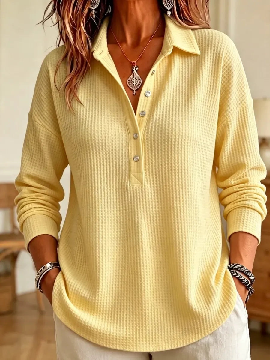 🔥 Women's Casual Waffle Knit Collared Henley Long Sleeve Shirt