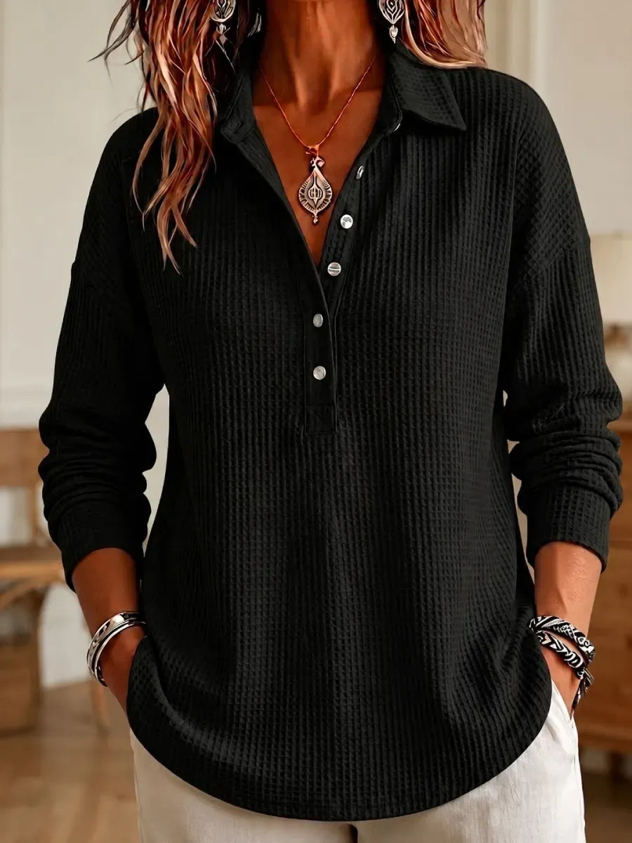 🔥 Women's Casual Waffle Knit Collared Henley Long Sleeve Shirt