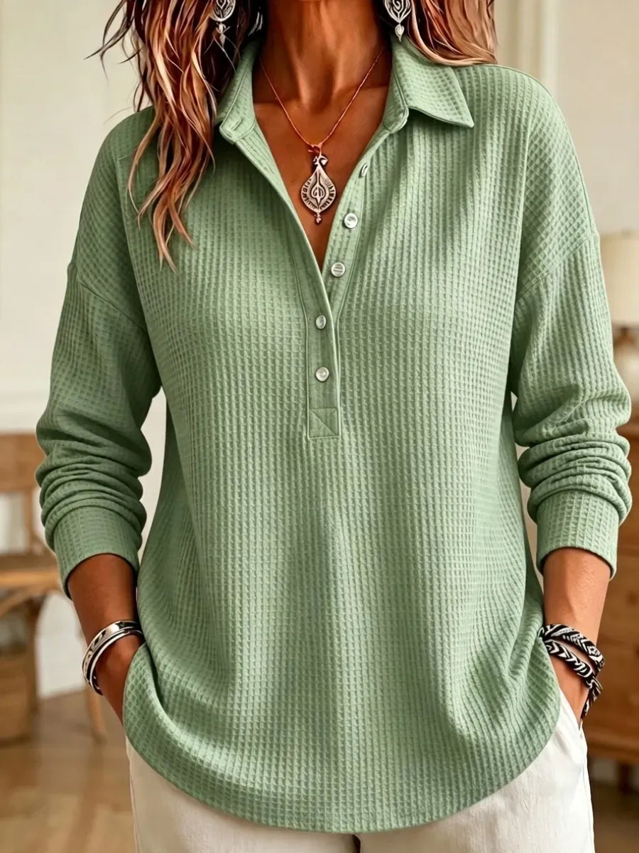 🔥 Women's Casual Waffle Knit Collared Henley Long Sleeve Shirt