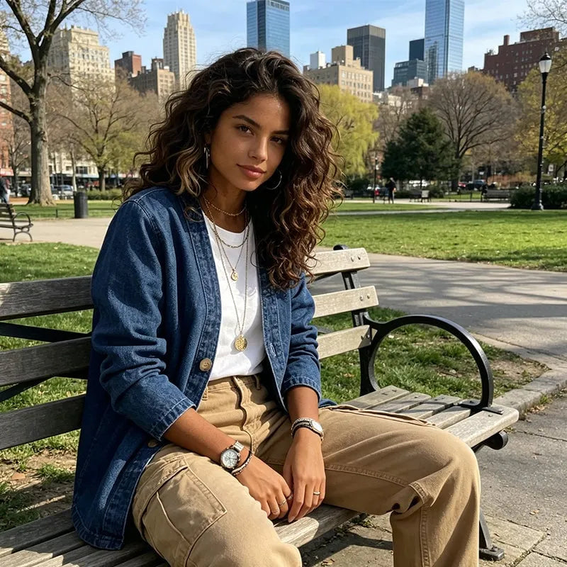 🧥 50% OFF NOW! ✨ Women's Classic Button Front Denim Jacket – V-Neck, Breathable Fabric & Relaxed Fit 💙
