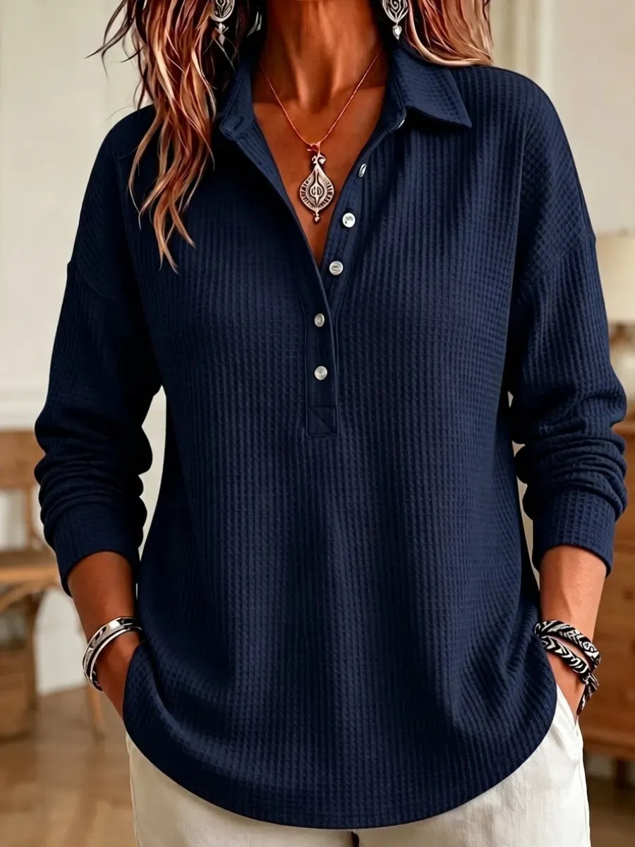 🔥 Women's Casual Waffle Knit Collared Henley Long Sleeve Shirt
