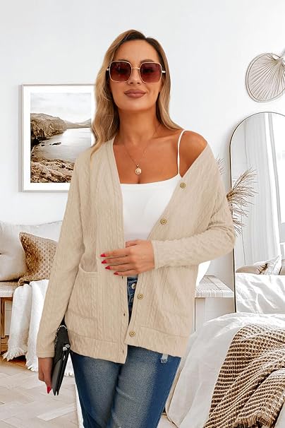 Women's V Neck Button Down Cardigan with Pockets, Long Sleeve