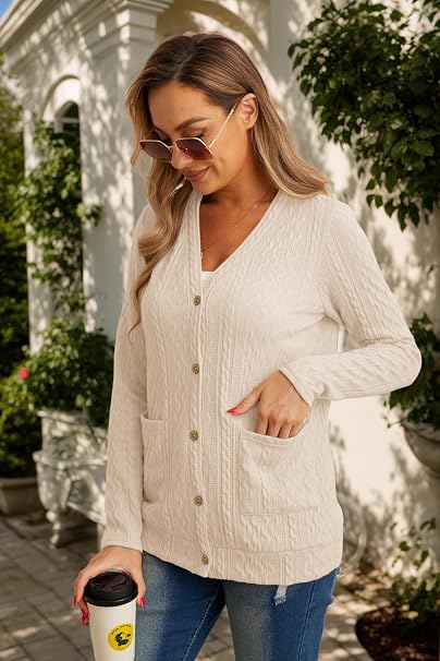 Women's V Neck Button Down Cardigan with Pockets, Long Sleeve