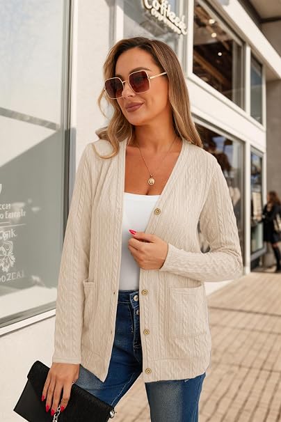 Women's V Neck Button Down Cardigan with Pockets, Long Sleeve