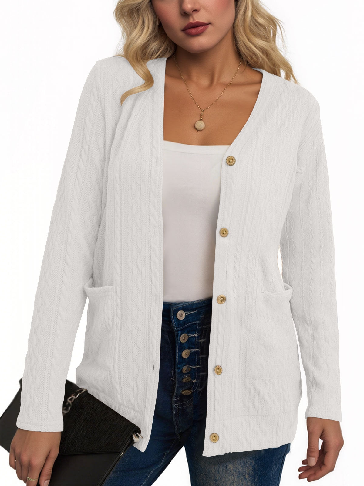 Women's V Neck Button Down Cardigan with Pockets, Long Sleeve