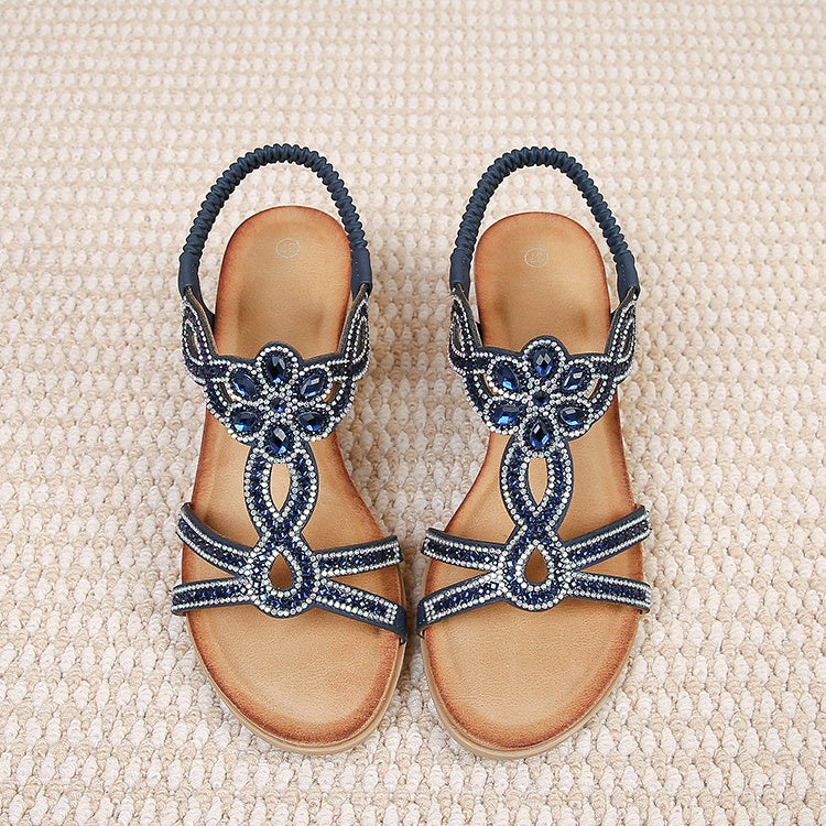 Women’s Rhinestone Wedge Sandals | Bohemian Elastic Strap Summer Platform Sandals