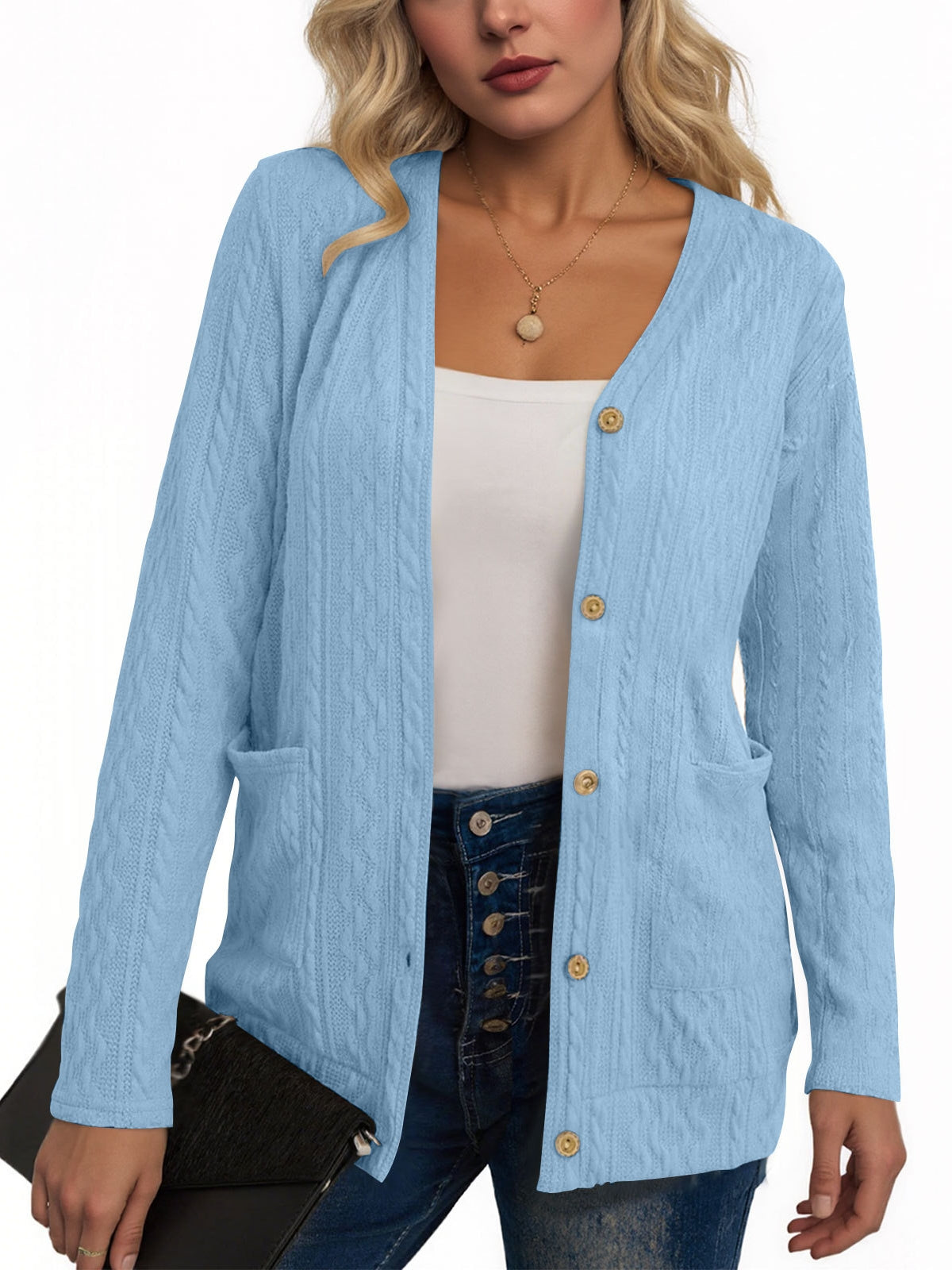 Women's V Neck Button Down Cardigan with Pockets, Long Sleeve