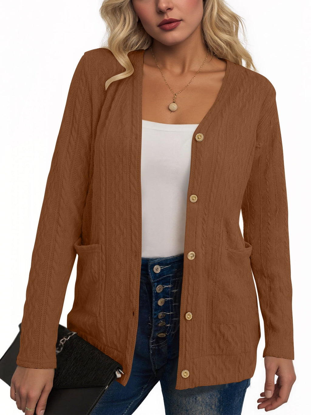 Women's V Neck Button Down Cardigan with Pockets, Long Sleeve