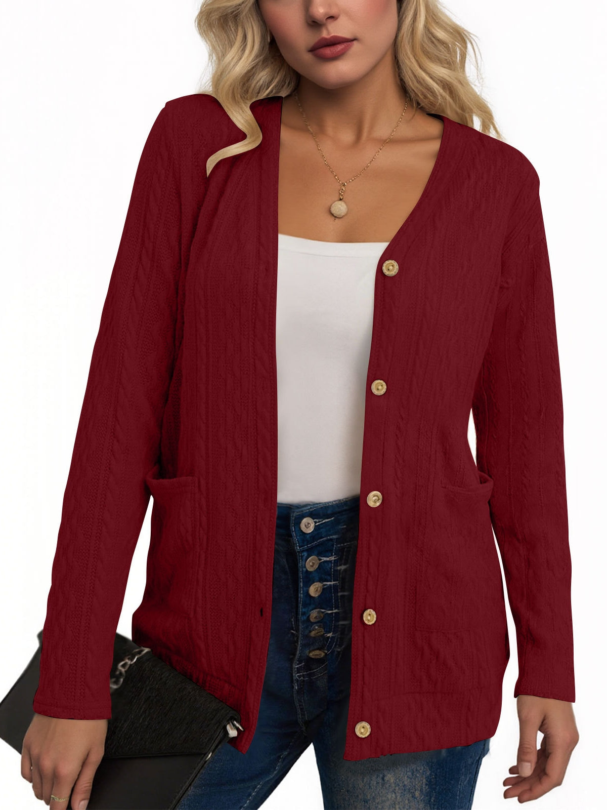 Women's V Neck Button Down Cardigan with Pockets, Long Sleeve