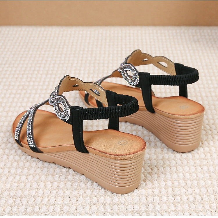 Women’s Rhinestone Wedge Sandals | Bohemian Elastic Strap Summer Platform Sandals