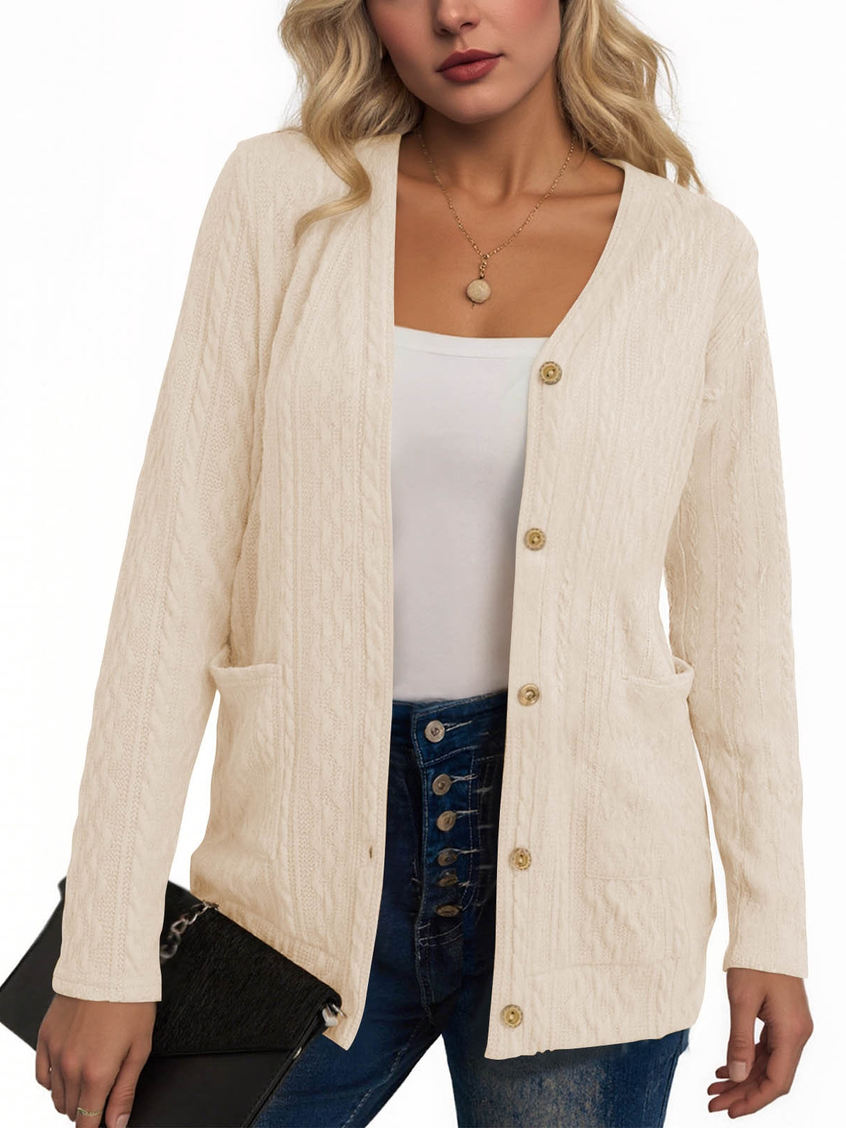 Women's V Neck Button Down Cardigan with Pockets, Long Sleeve