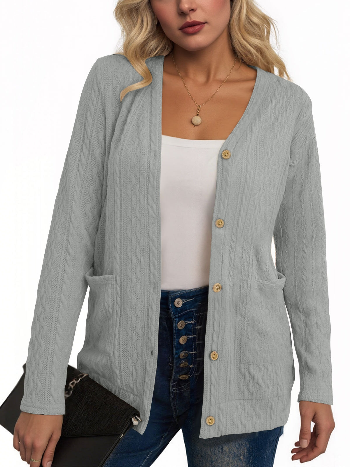 Women's V Neck Button Down Cardigan with Pockets, Long Sleeve