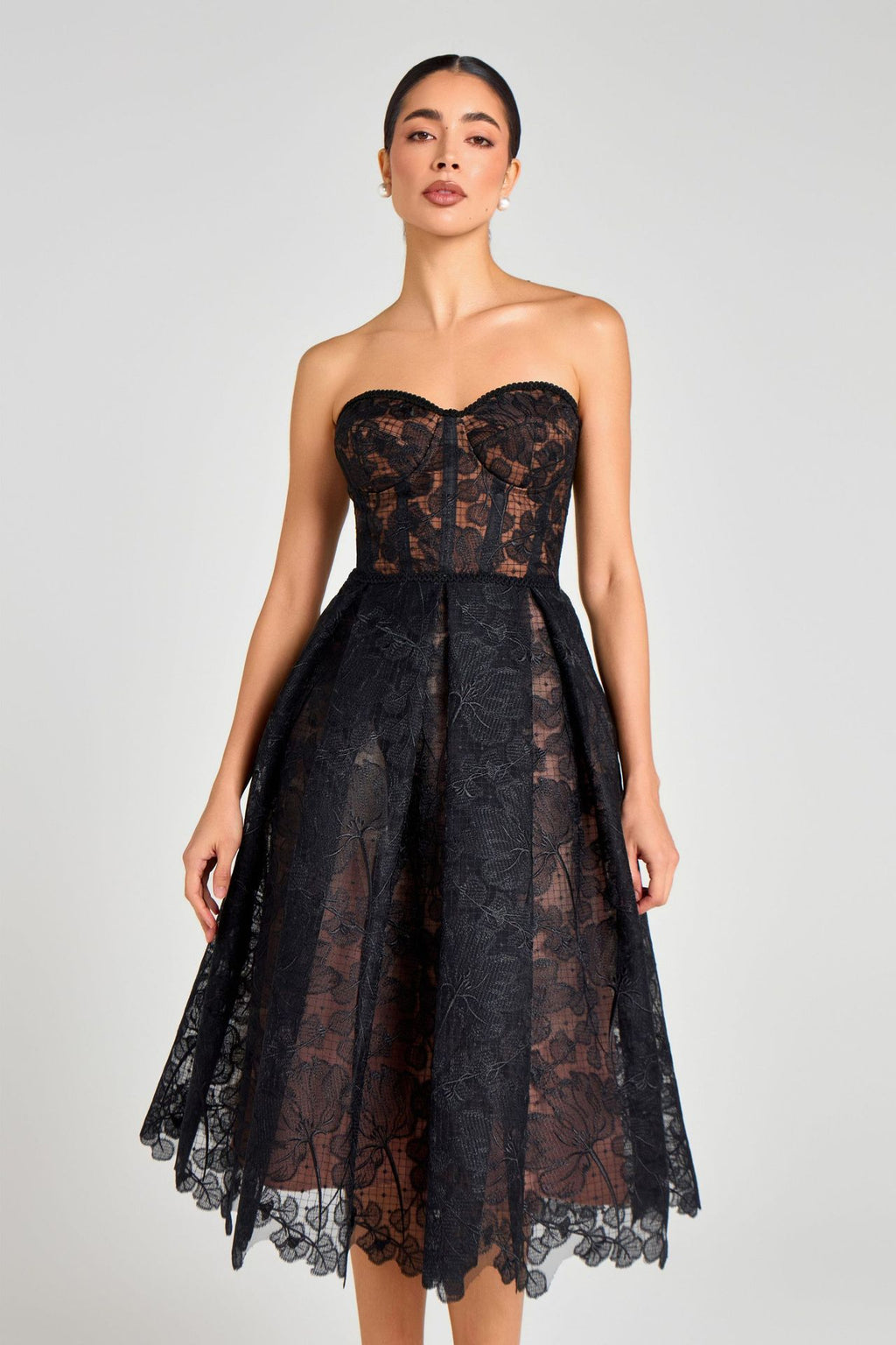 WOMEN'S STRAPLESS LACE MIDI DRESS