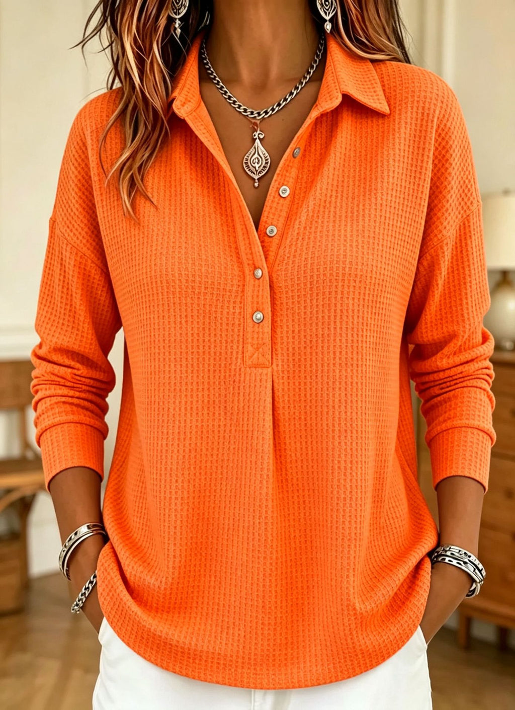 🔥 Women's Casual Waffle Knit Collared Henley Long Sleeve Shirt