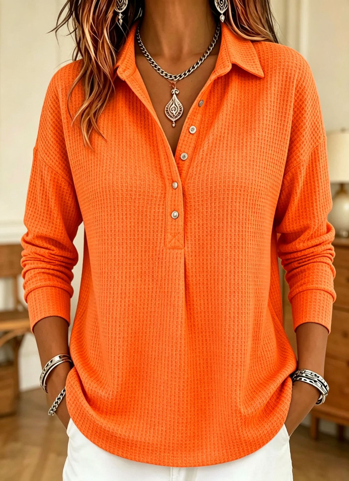 🔥 Women's Casual Waffle Knit Collared Henley Long Sleeve Shirt