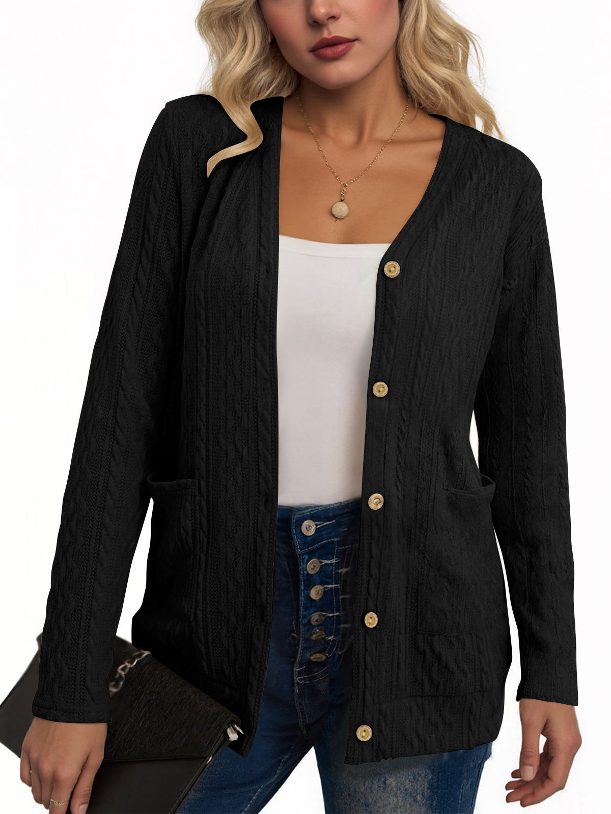 Women's V Neck Button Down Cardigan with Pockets, Long Sleeve