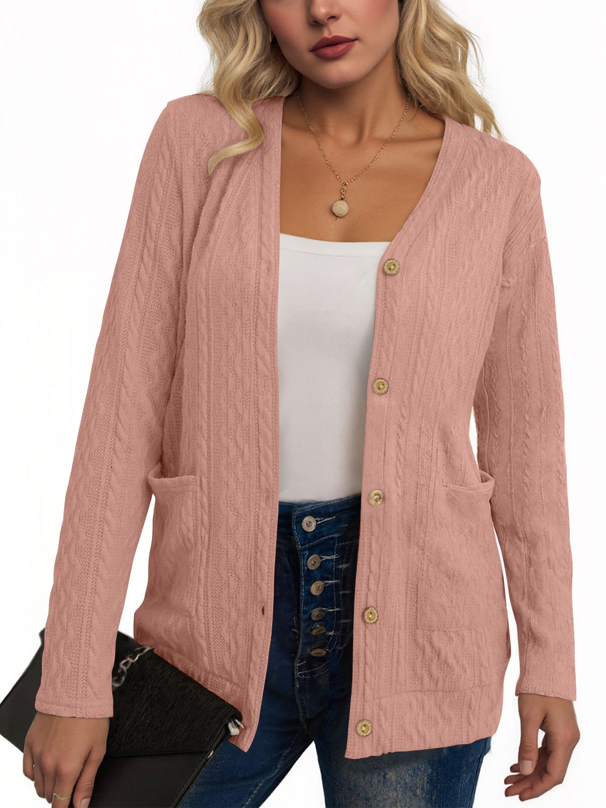 Women's V Neck Button Down Cardigan with Pockets, Long Sleeve