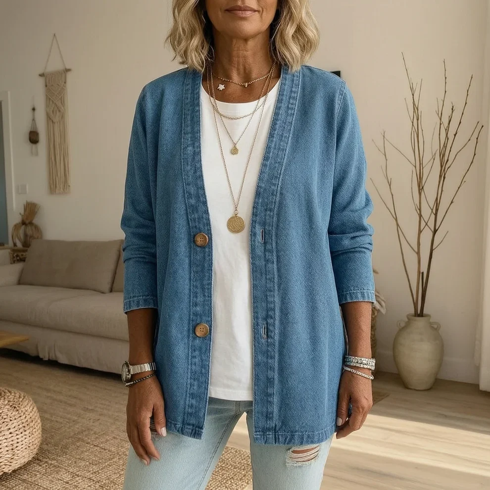 🧥 50% OFF NOW! ✨ Women's Classic Button Front Denim Jacket – V-Neck, Breathable Fabric & Relaxed Fit 💙
