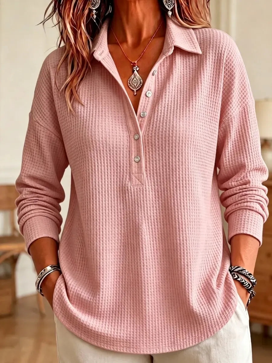 🔥 Women's Casual Waffle Knit Collared Henley Long Sleeve Shirt