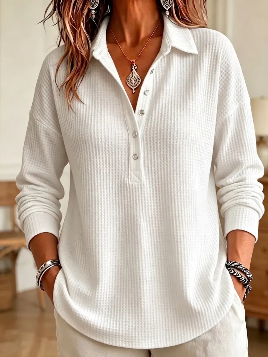 🔥 Women's Casual Waffle Knit Collared Henley Long Sleeve Shirt