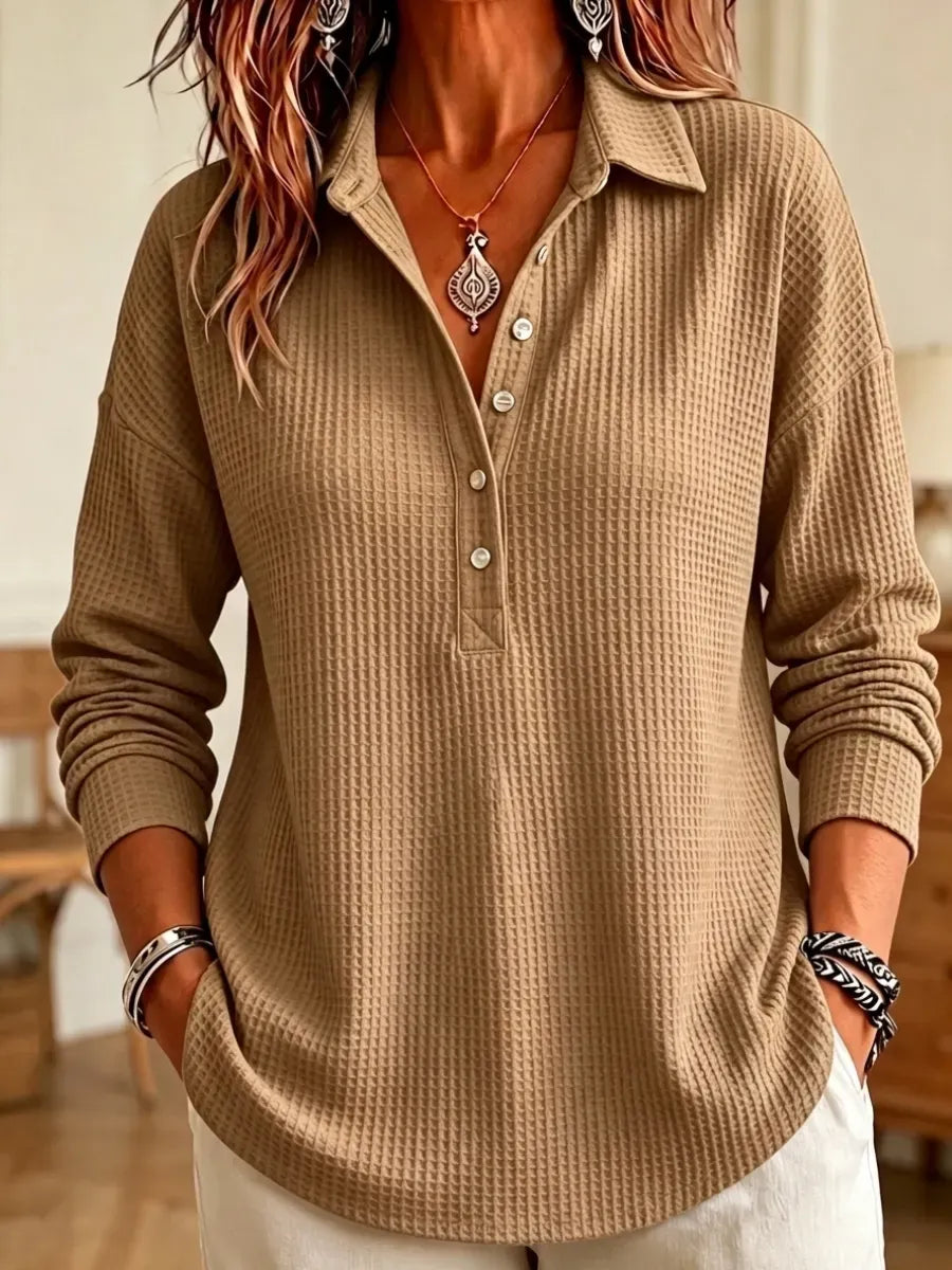 🔥 Women's Casual Waffle Knit Collared Henley Long Sleeve Shirt