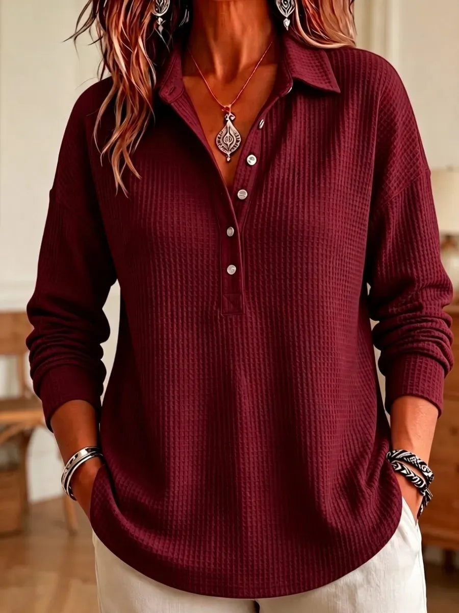 🔥 Women's Casual Waffle Knit Collared Henley Long Sleeve Shirt